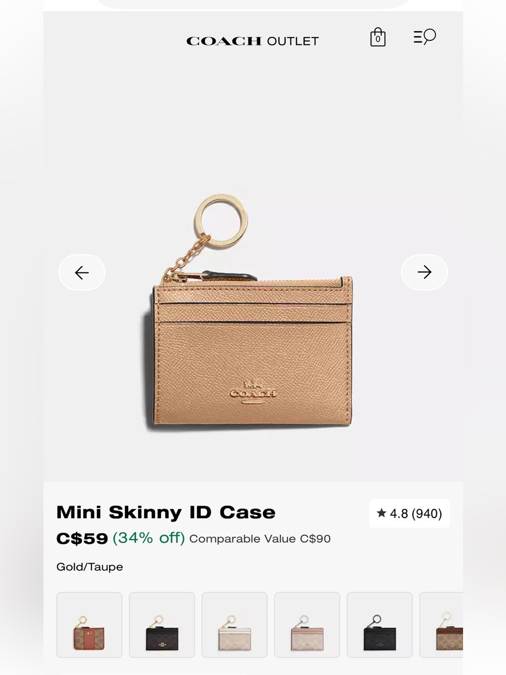 Coach Mini Skinny ID Case in Gold Taupe with Keyring